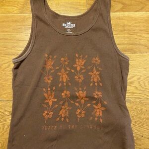 Hollister Brown Fitted Tank Top with Orange Tribal Design